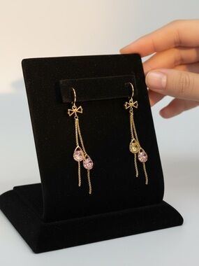 Gold  Plated Bow Dangle Earrings with Pink and Champagne Swarovski Crystals